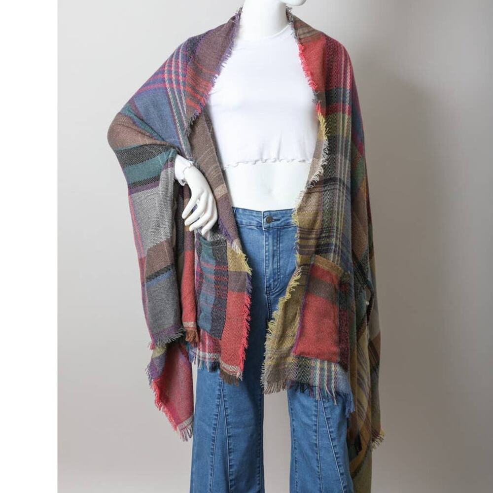 Multicolor Plaid Pocket Ruana | Fuchsia
